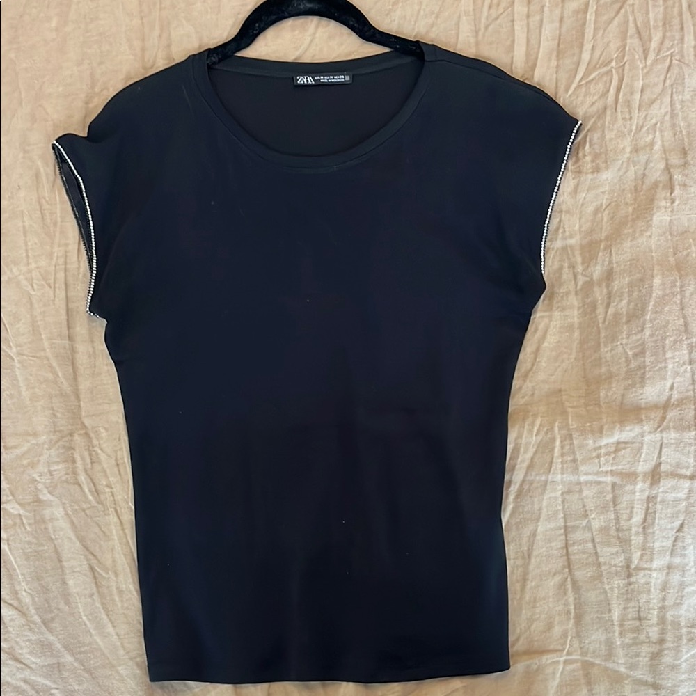 Black Women's Top w/ Gem Sleeve Detail